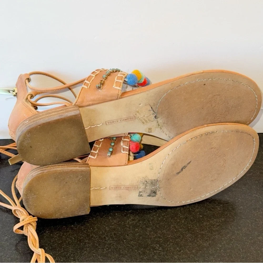 Vince Camuto Balisa Pom Pom Lace-Up Sandals Zip Gladiator Sz 9 Flats shoes